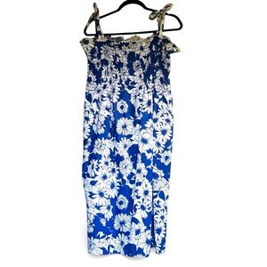 Vintage Blue White Floral Smocked Tie Strap Maxi Sundress 9/10